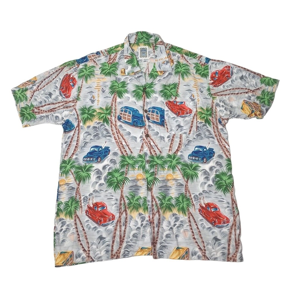 Ocean Current Men's XL Hawaiian Shirt Cars Palm Trees Button Up Short Sleeve